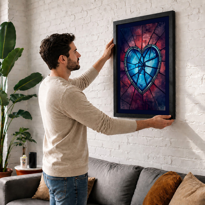 Crystalline Heart Geometric - Framed Print, A2 - 59.4 x 42.0 cm, Black