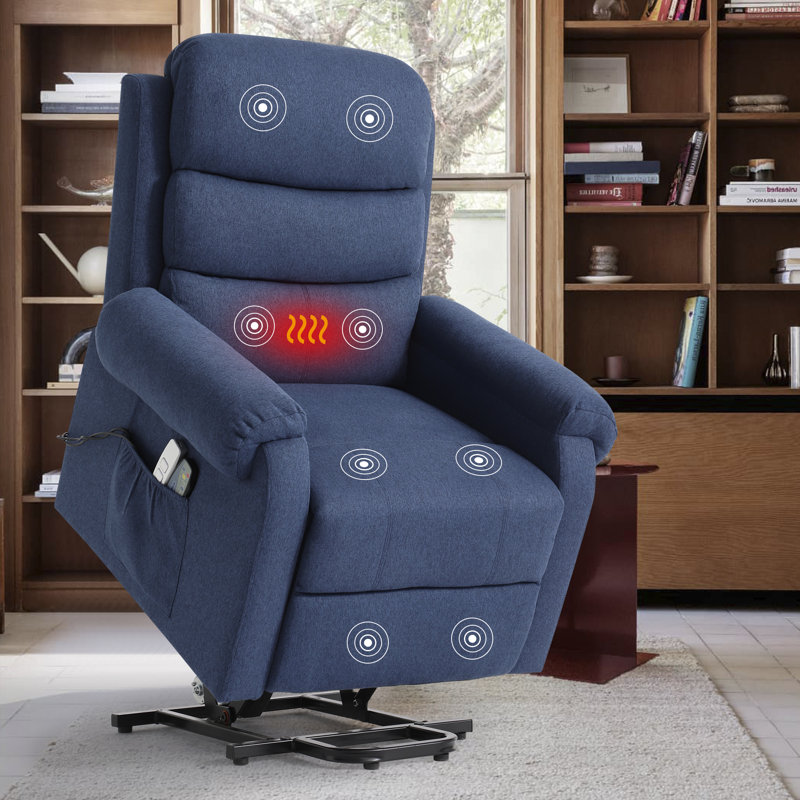 Upholstered Heated Massage Chair, Navy Blue Polyester Blend