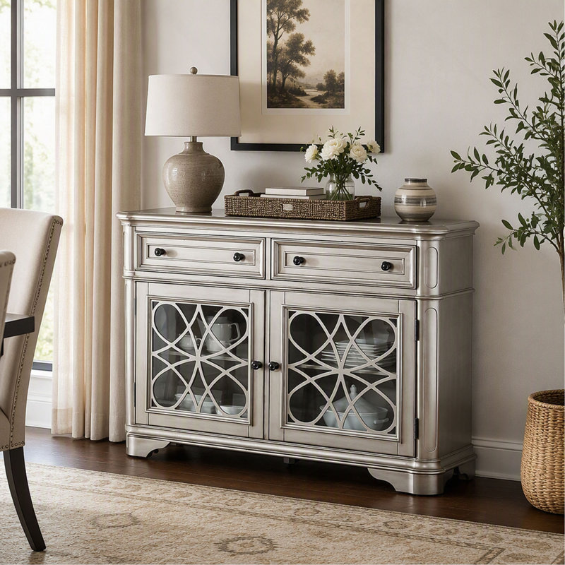 Buffet en bois au fini argenté avec tiroirs et rangements, meuble d'appoint de style traditionnel pour le rangement et la présentation dans la salle à manger