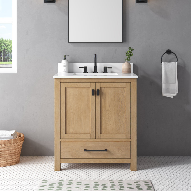 Meuble-lavabo simple 30 po avec plateau Souther, Marbre blanc de Cala, Chêne brossé, Noir