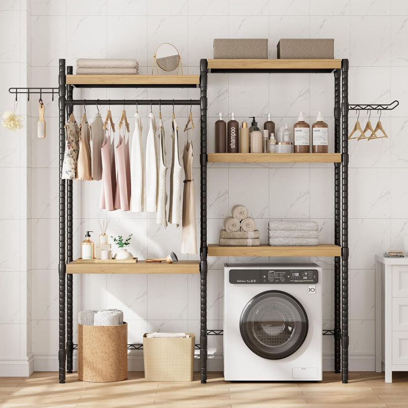 Laundry Room Organization And Storage, 5 Tier Wood Over The Washer And Dryer Storage Shelf With Drying Clothes Racks
