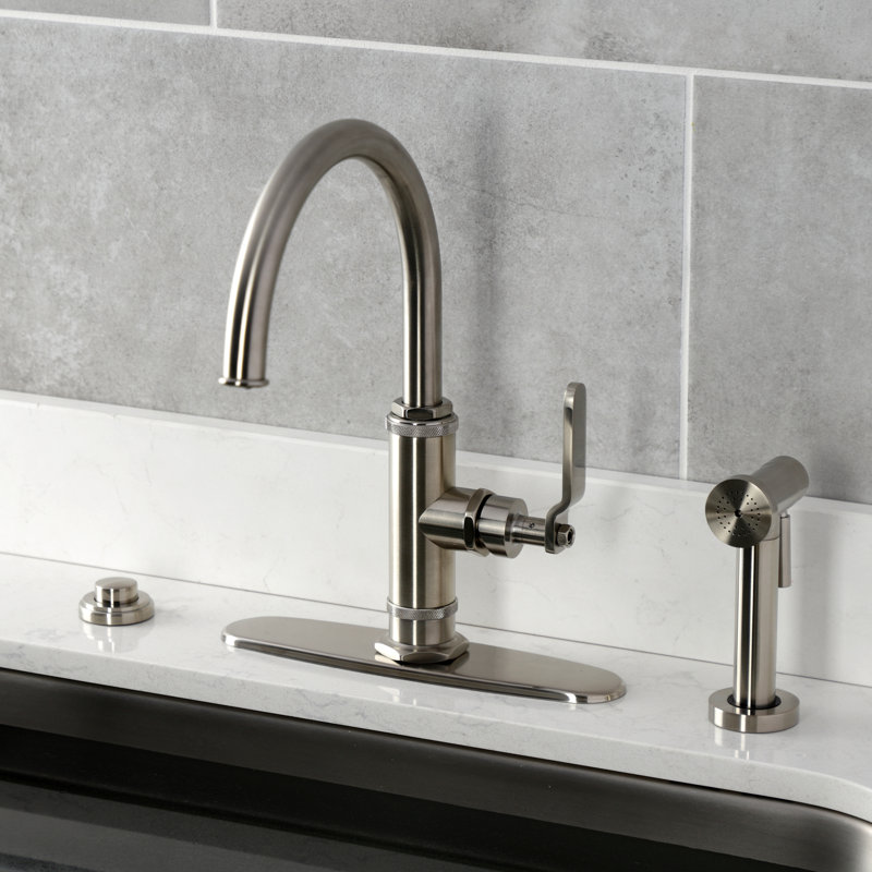 Kingston Brass Whitaker Single-Handle Deck Mount Kitchen Faucet with Brass Sprayer, Brushed Nickel