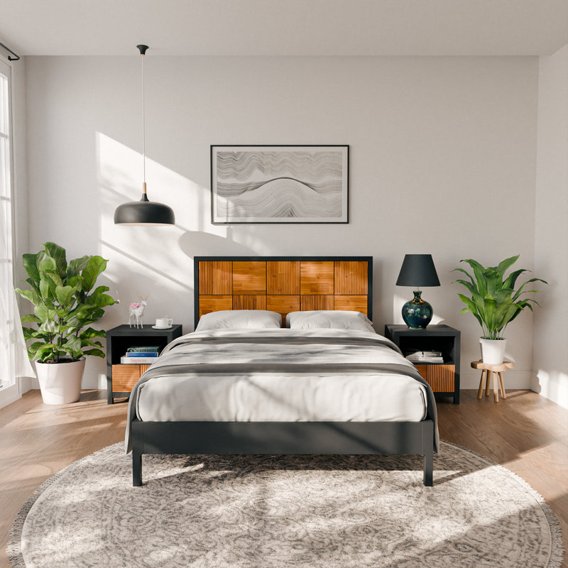 Vivian Jade Platform Bed Frame with Solid Wood and Headboard,  Contemporary Bed Frame, Queen, Black