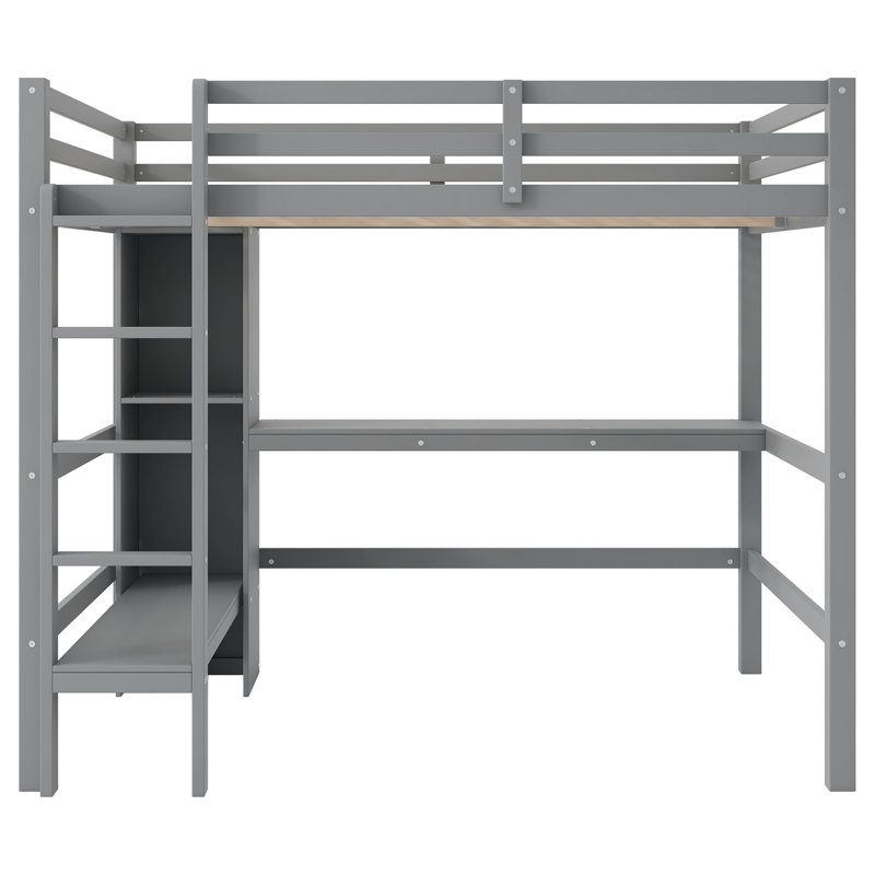 Lit mezzanine double avec tablettes multifonctionnelles et bureau sous le lit, gris