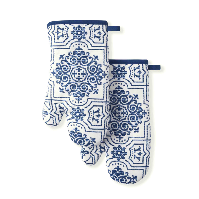Navy Blue Medallion Print Cotton Oven Mitt Set, 7"x13", 2-Piece