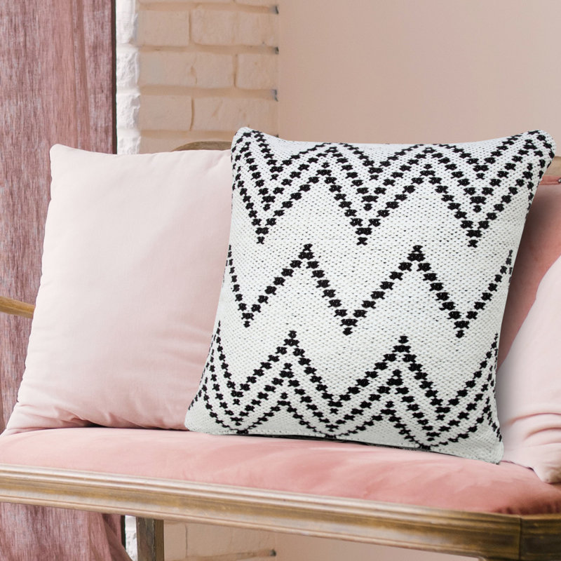 Hand-Woven White and Black Chevron Cotton Square Pillow Cover