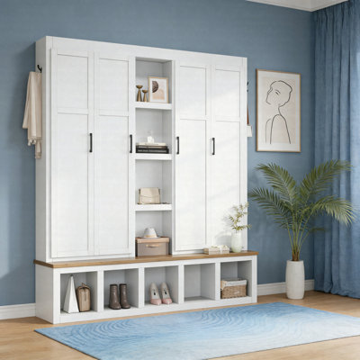 Arbre d'entrée 62,9 po Farmhouse 4-en-1 avec banc de rangement pour chaussures, compartiments ouverts et 6 crochets, organisateur de vestibule