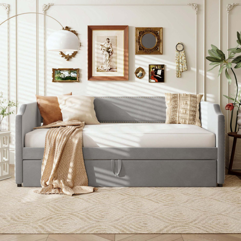 Velvet Upholstered Daybed With Pop Up Trundle, Gray