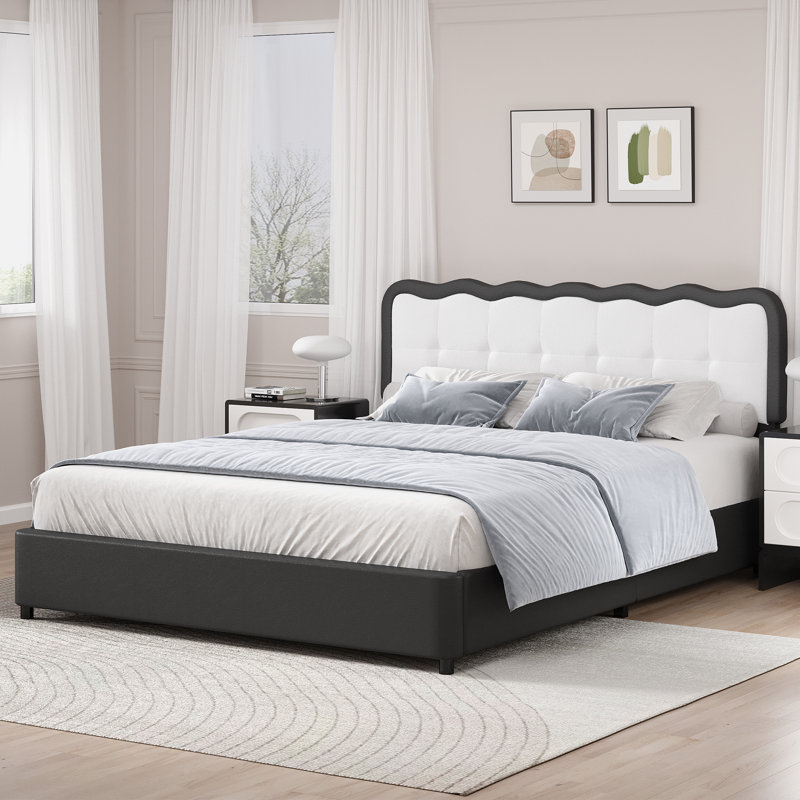 Upholstered Bed Frame with Cloud Shaped Headboard, PU Leather Bed Frame with Adjustable Headboard, Black, Full
