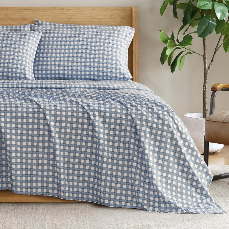 Jessica Simpson Microfiber Sheet Set with Extra Pillowcases, King, Heart Gingham (Blue)