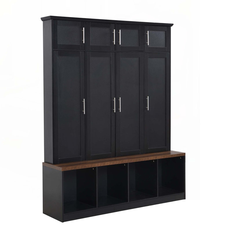Hall Tree with 4 Hanging Hooks, Wood Grain Bench with Multiple Storage Space, Black