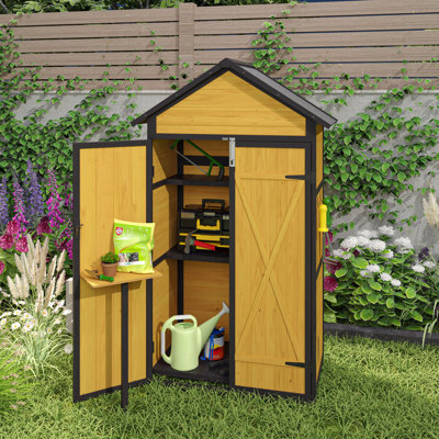 Remise de rangement pour l'extérieur en bois résistant aux intempéries avec portes imperméables verrouillables Tablettes amovibles Crochets de table pliables 69 po