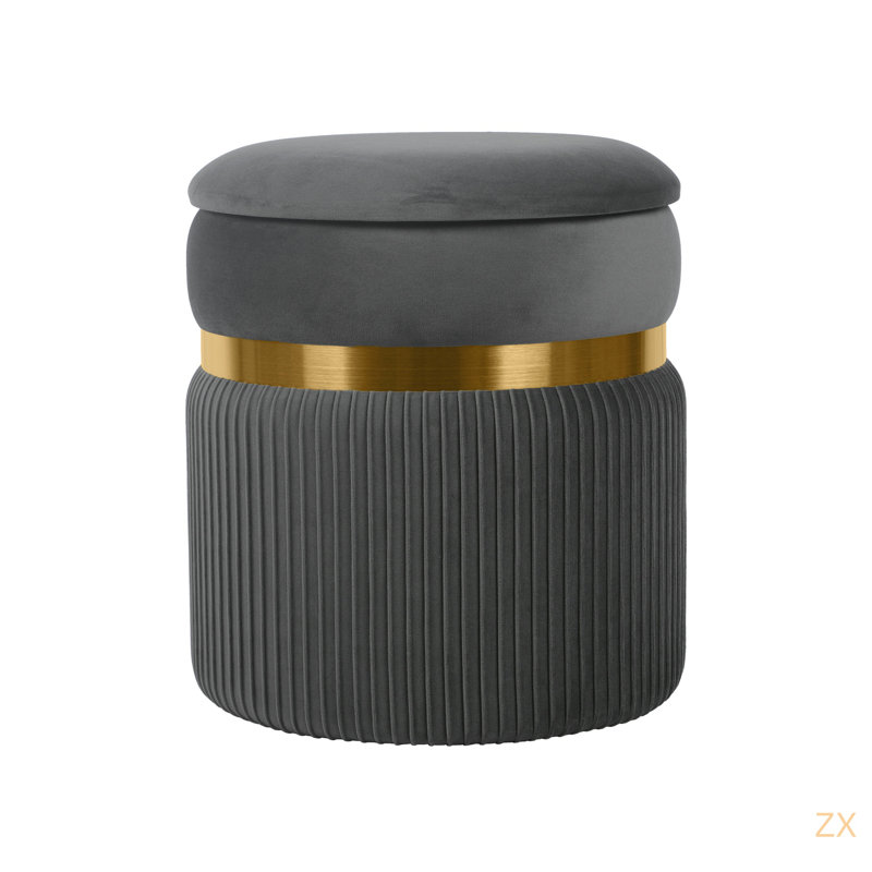 Modern Velvet Round Ottoman With Storage,, Gray/Gold