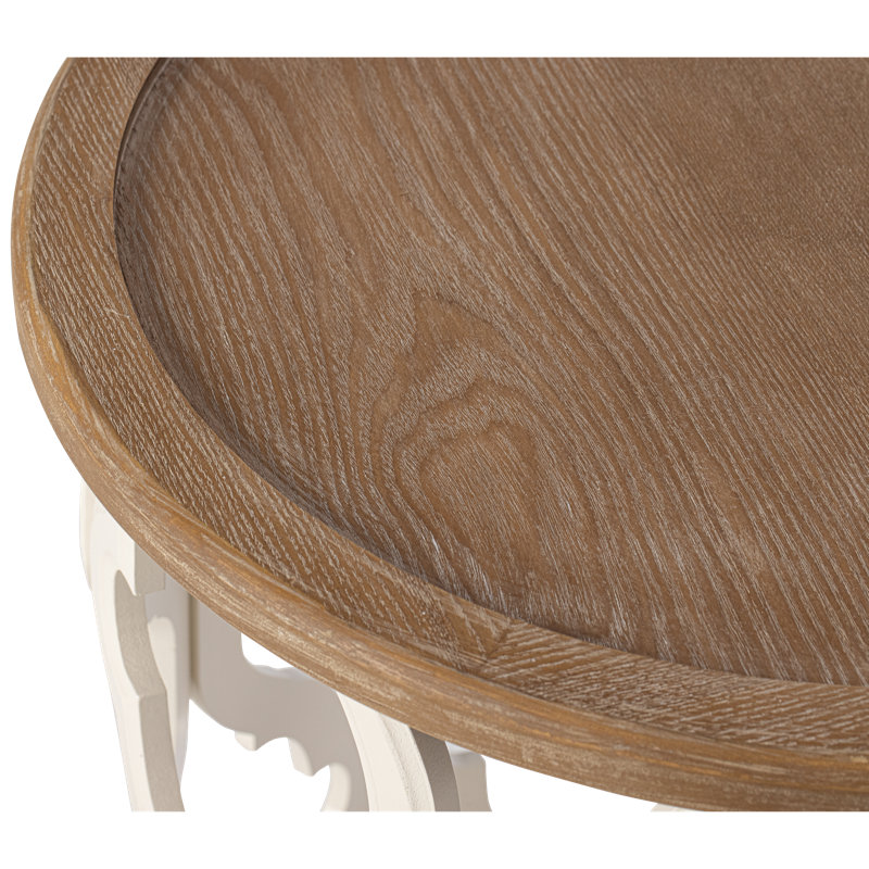 Farmhouse Tray Top Round End Table With Curved Motif Frame Base, White