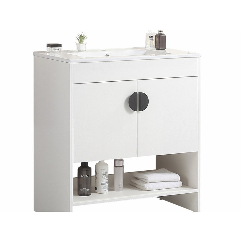 29.9 " W Freestanding Standard Free Standing Single Double Single Vanity Bathroom Vanity With Ceramic Top