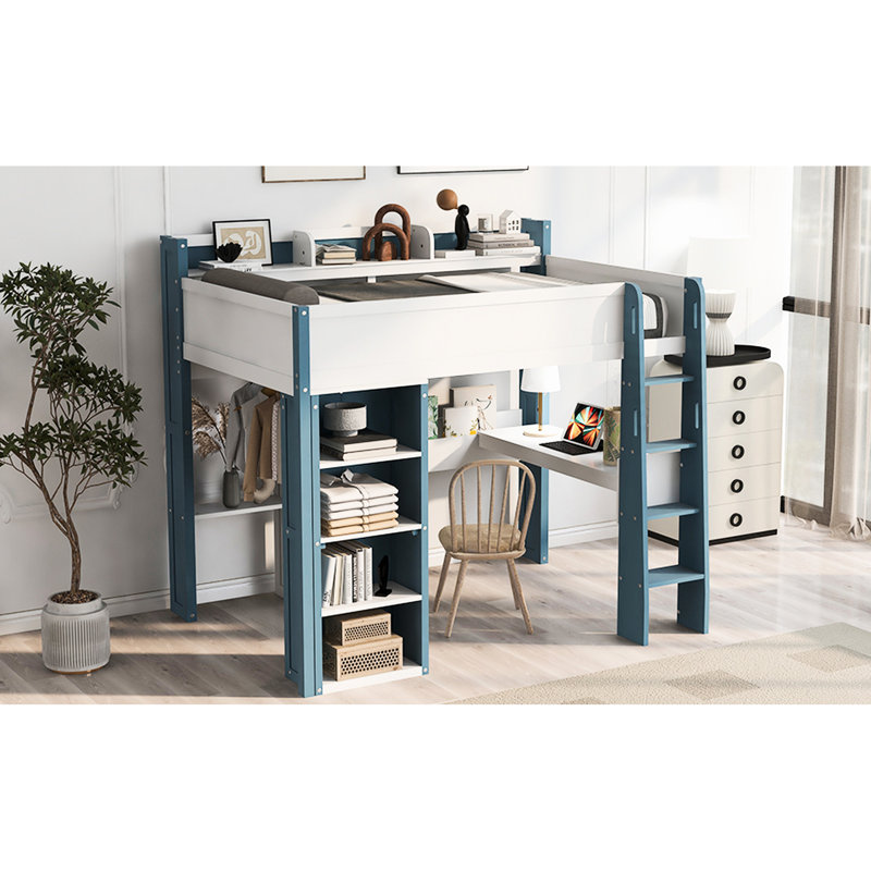 Full Size Wood Loft Bed In White + Blue With Built - Wardrobe And Study Area Modern Design, Functional Space, Easy Installation Storage Hanging Rack Structure, Multi Use, Compact Layout