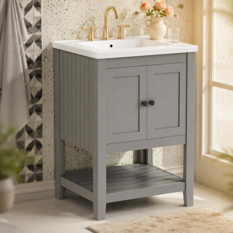 24" Modern Sleek Bathroom Vanity Elegant Ceramic Sink with Solid Wood Frame Open Style Shelf