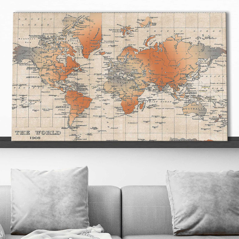 Carte du monde par Elizabeth Medley - impression, Toile tendue, H 24 po x l 40 po x P 1,5 po