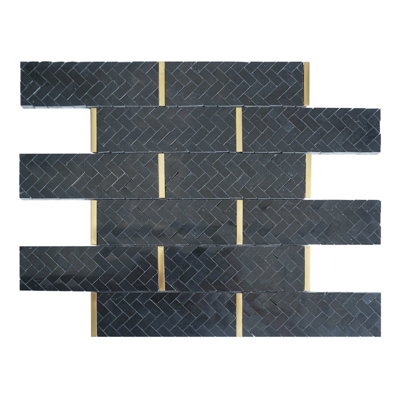 Carreau de mosaïque en marbre poli naturel 11,86 po x 11,54 po, Noir / or
