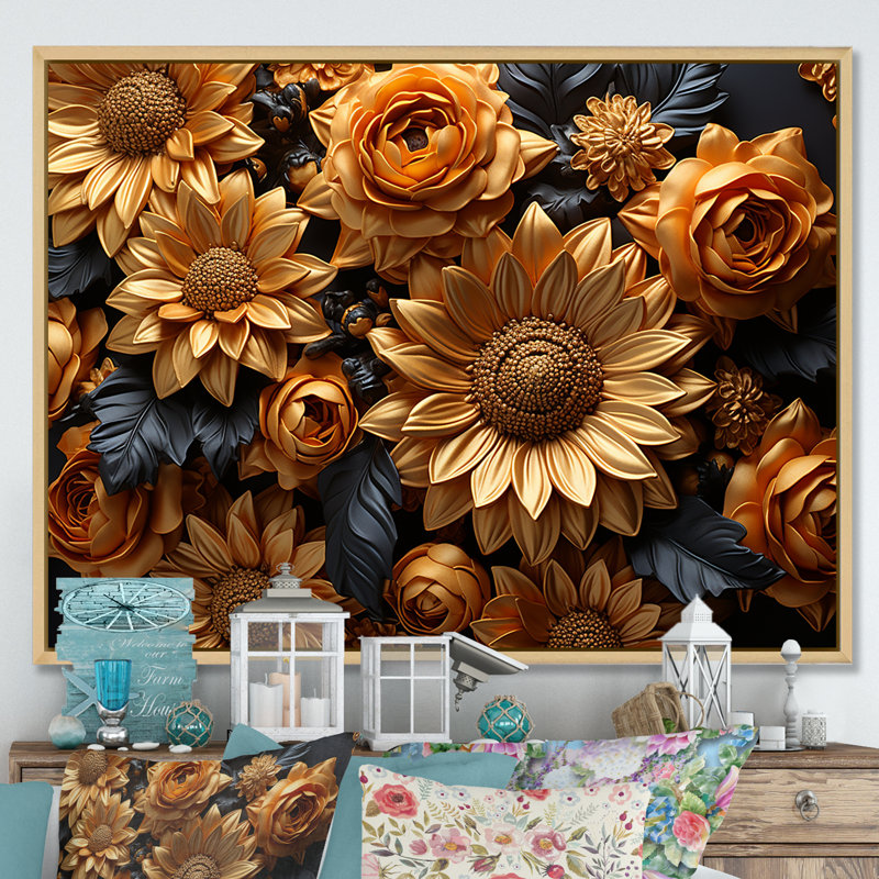 Tournesols ornés d'accents dorés I sur toile, Cadre naturel flottant, H 34 po x l 44 po