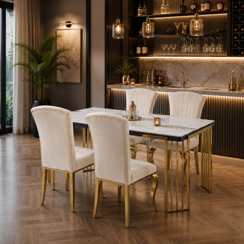 Cindy White Sintered Stone Dining Table - Luxury Gold Geometric Legs