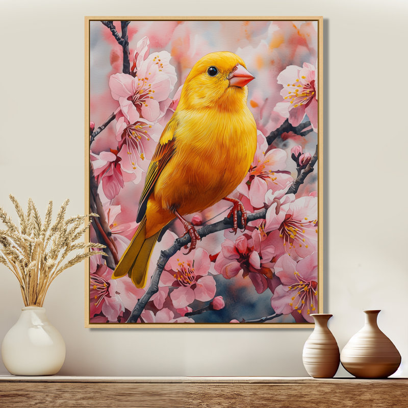 «Golden Finch Parmi Les Fleurs Blanches», reproduction d'art sur toile, Reproduction avec cadre flottant, Crème, crème