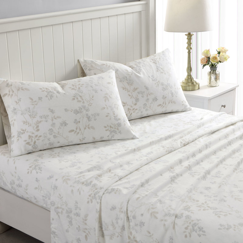 Ensemble de draps en flanelle de coton brossé, Ensemble de draps pour grand lit avec 2 taies d'or, Gris faune