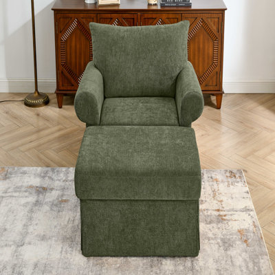 37.5" Chenille Upholstered Accent Chair with Ottoman, Ergonomic Plush Single Sofa Chair for Living Room, Bedroom & Apartment, Easy Assembly