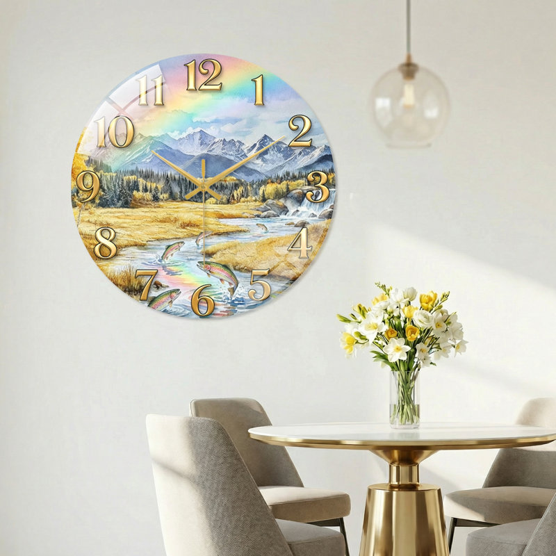 "Mountain Stream", horloge murale en verre, 60 x 60 cm (23,6 x 23,6 pouces)