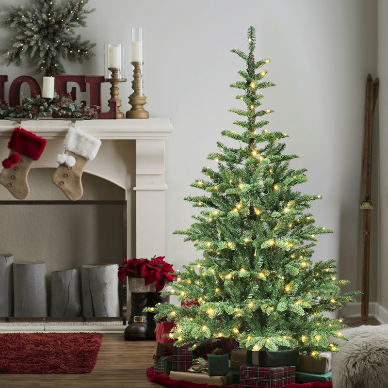 Arbre de Noël de 5 pi avec 200 lumières DEL blanc chaud, 403 pointes Pe +, aspect superposé, base unique pour les fêtes à la maison