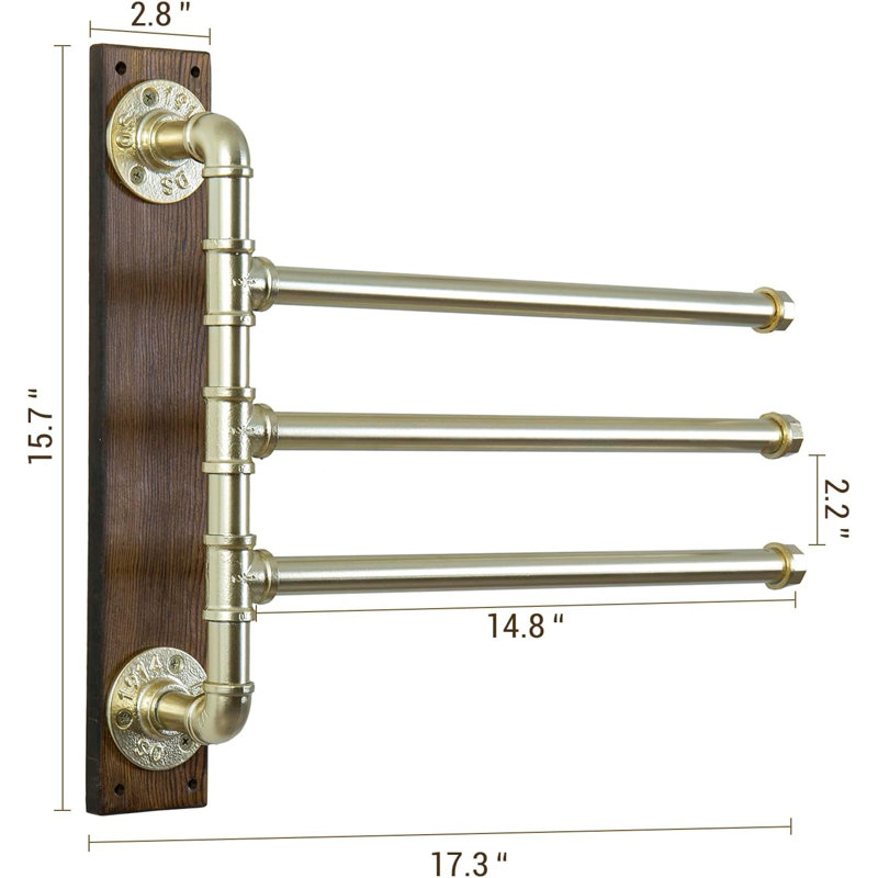 Porte-serviettes mural pivotant à 3 niveaux avec barres métalliques, base en bois et système pivotant. Ce modèle permet de ranger les serviettes de manière organisée et accessible, tout en apportant une touche industrielle rustique aux salles de bain et aux abords de la piscine.