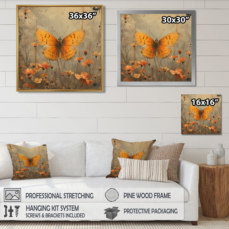 Papillon jaune rétro dans un champ de fleurs - art mural papillon, Toile tendue, H 16 po x l 16 po x P 1 po
