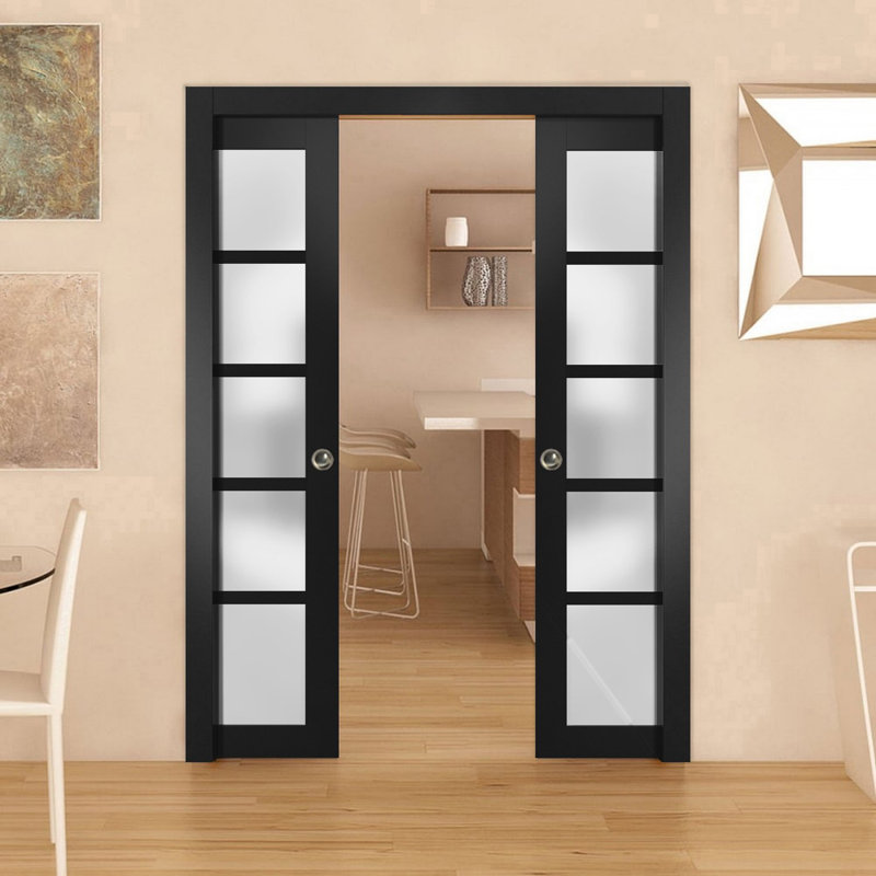 Quadro Frosted Glass Sliding Closet Doors, Black, 72" x 96"