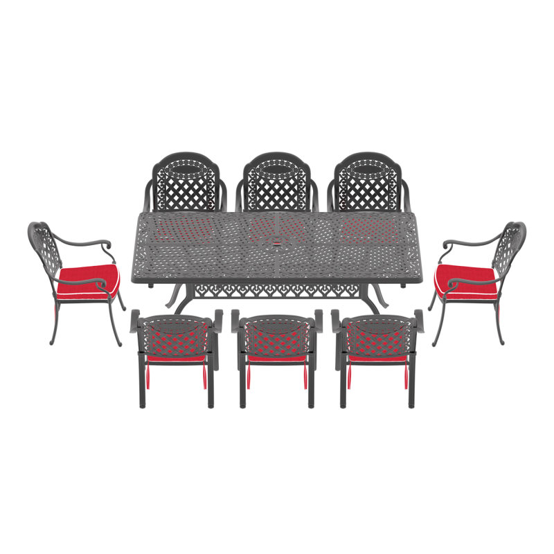 (Coussins de couleurs aléatoires) Ensemble 9 pièces de meubles de patio en aluminium coulé avec coussins