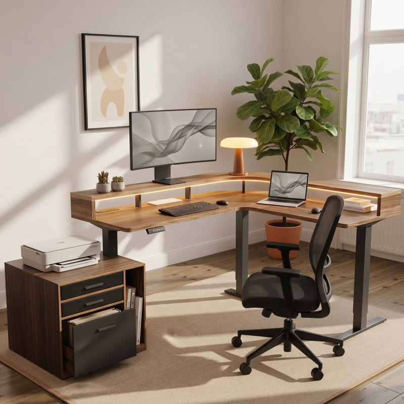 63" X 55" Electric L-shaped Height Adjustable Standing Desk With Led Strip, Power Outlets, File Cabinet, 2-tier Storage & Cable Management