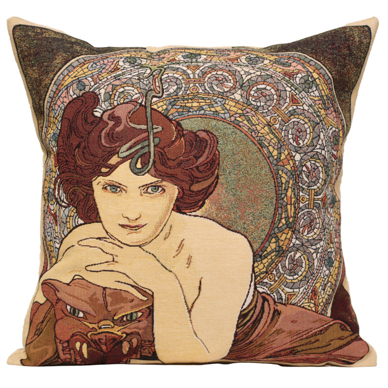 Mucha Emeraude I European Cushion Covers, Yellow Woman 2