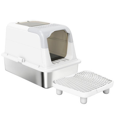 Cat Litter Box With Easy Maintenance, Enclosed Design, Sand Drop Pedal To Keep Floors Clean, Deodorizer And Provided, White Color, Assembly Needed Smart Front - Entry Stainless Steel Tray,