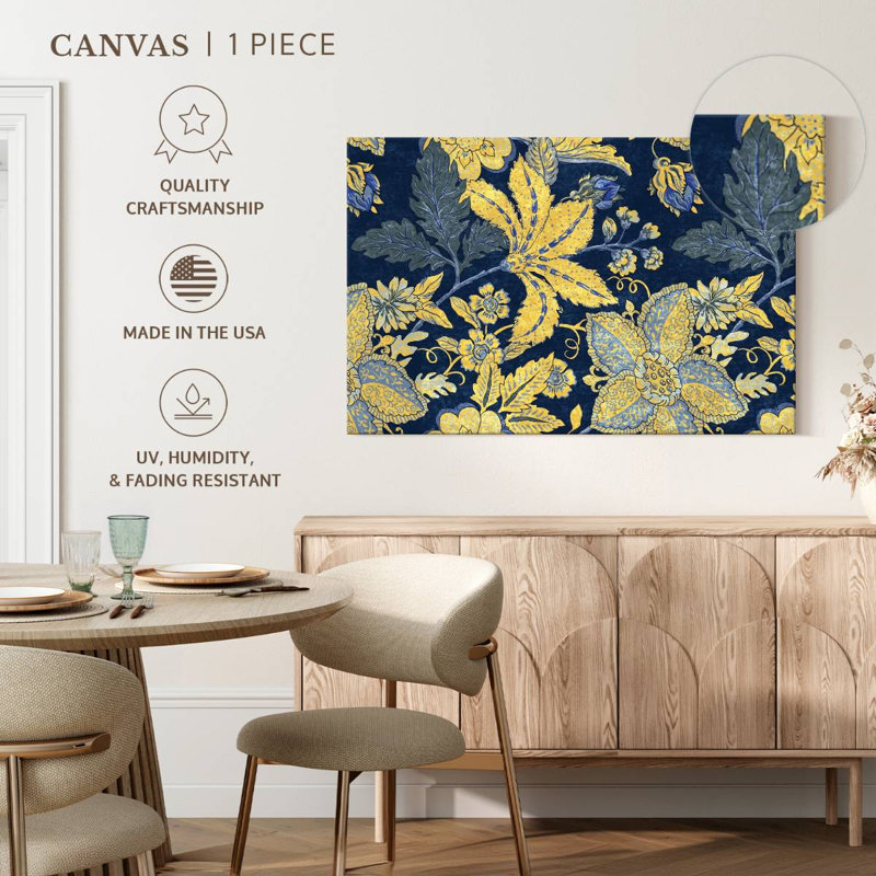Motif floral bleu et jaune sur toile, H 8 po x l 12 po x P 1 po