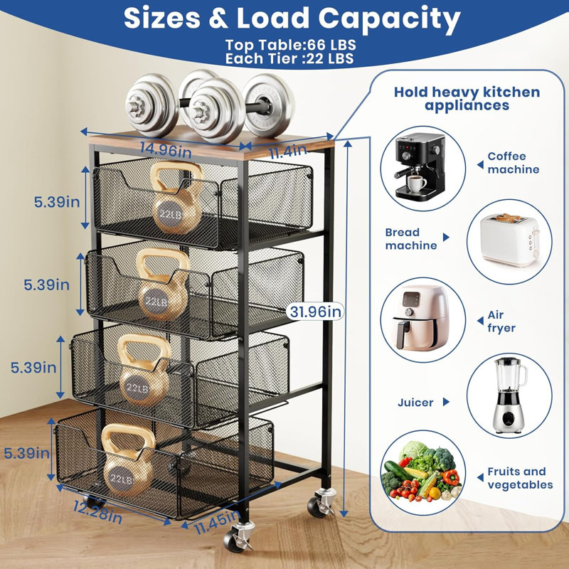 Le chariot de cuisine a des tiroirs. Il s'agit d'un chariot de rangement multi-fonctionnel à 4 couches avec roulettes verrouillables et plateau de table en bois. Il y a un support de rangement pour fruits et légumes noirs, qui peut également être utilisé pour ranger des conserves, des collations et du Handicraf
