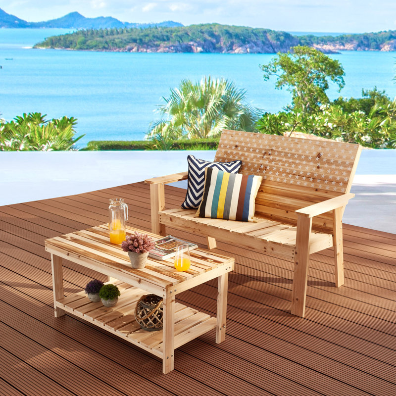 2-Piece Wood Patio Conversation Set With Bench And Slatted Coffee Table