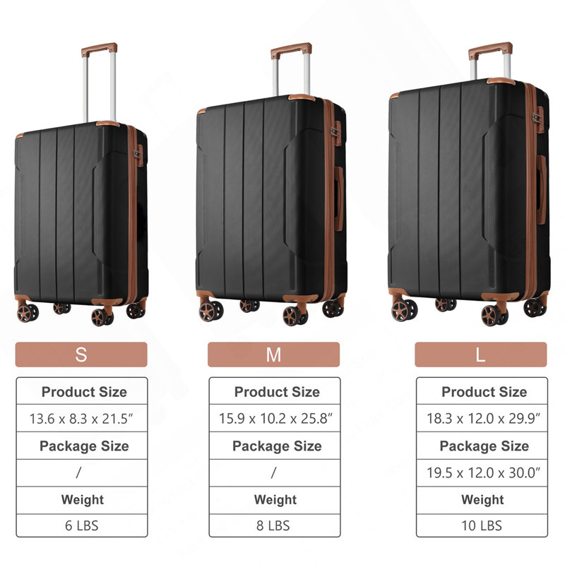 Ensemble de 3 valises extensibles à coque rigide en ABS avec double pivot, ensemble de bagages de voyage avec serrure TSA (20/24/28 pouces, brun noir)