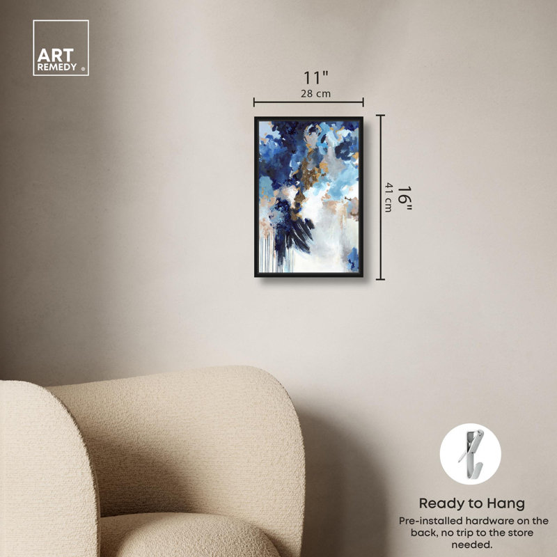 «Midnight Blues Canvas Coastal Abstract» par Art Remedy, Cadre flottant noir, H 16 po x l 11 po