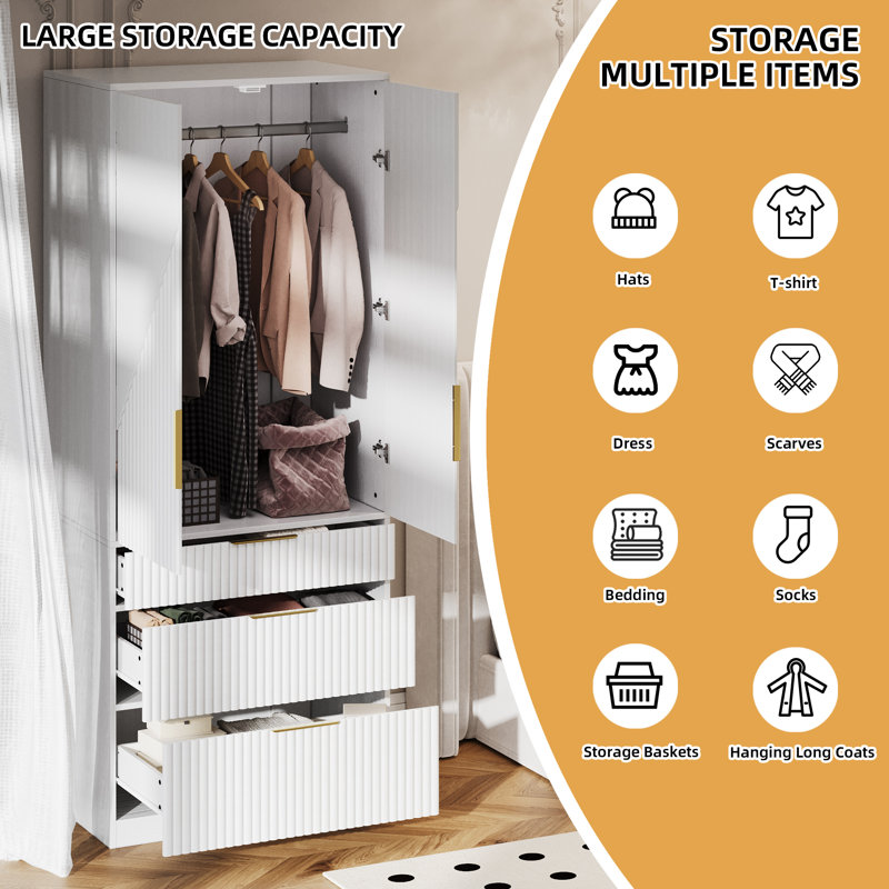 White Modern MDF Wardrobe Armoire with Gold Handles
