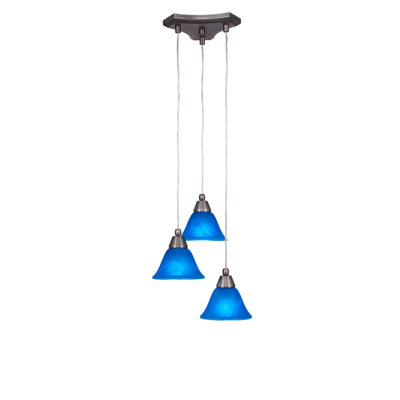Luminaire suspendu à grappe de cordon 3 lumières Europa montré en finition nickel brossé avec verre italien bleu de 7 po