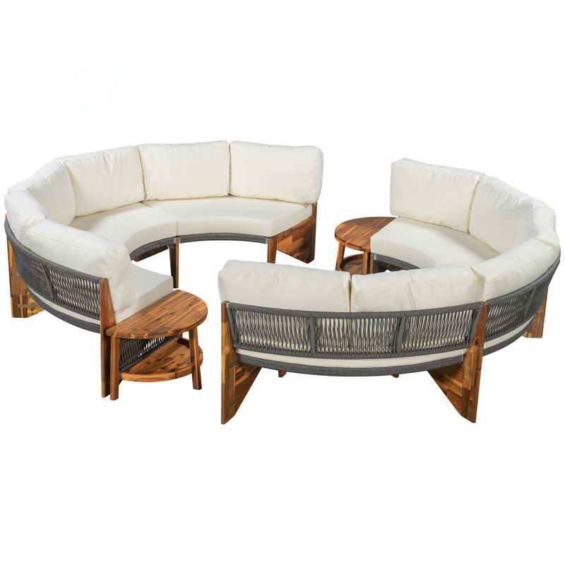 3-Piece Outdoor Sofa Set For 6, 2 Semi-Circle Sofas + Acacia Wood Coffee Table, Weather-Resistant Patio Couch Set, Comfortable Garden & Backyard Furniture