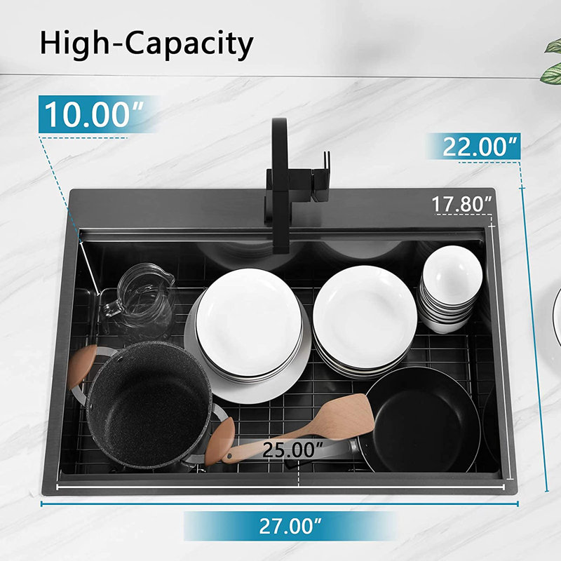 Évier de cuisine encastré noir en acier inoxydable de calibre 16 H 27 po x l 27 po x H 27 po, évier simple encastrable 27 po avec accessoires