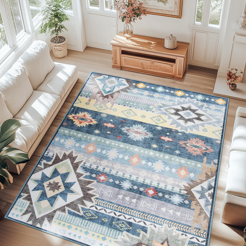 Tapis aztèque à motif marocain lavable à la machine Wymond avec envers antidérapant, Rectangle 6 pi x 9 pi