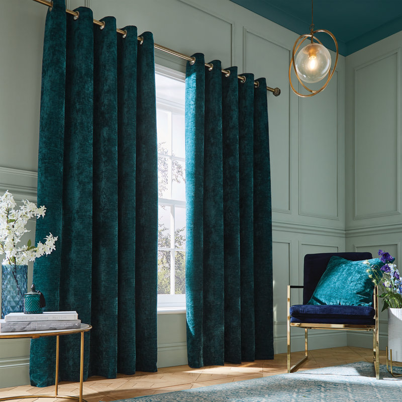 Selene Luxury Chenille Weighted Thermal Eyelet Cur Semi Sheer Curtain Pair, Teal, 66.14cm Width x 229cm Drop