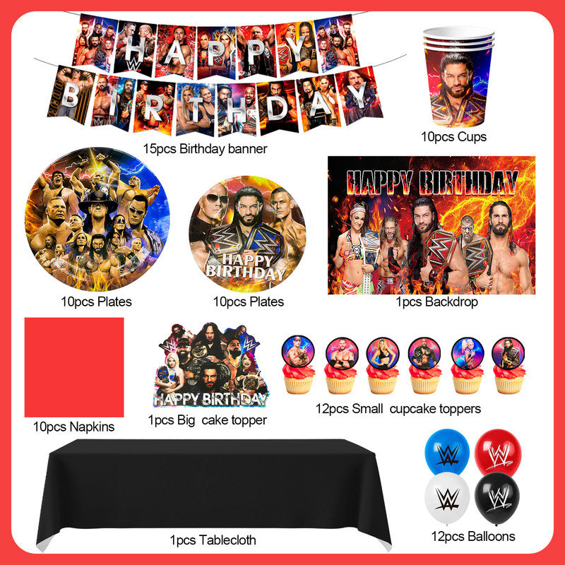 Wrestling Match Birthday Party Supplies, 82 Pieces Wrestling Match Party Decorations Tableware Set