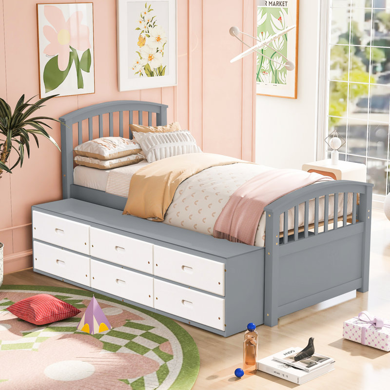 Lit simple, lit plateforme en bois de pin massif avec 6 tiroirs, gris et blanc, parfait pour les maisons de style rétro moderne, taille standard, 10 lattes, matelas de maintien